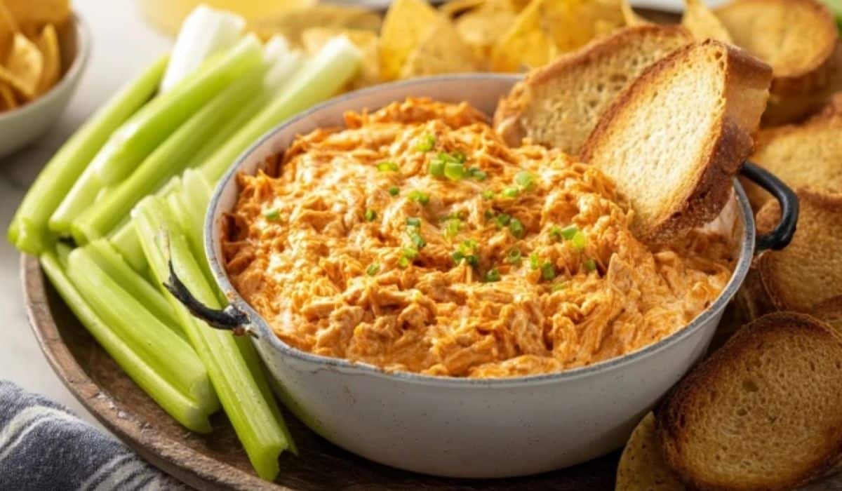 Smoked Buffalo Chicken Dip in skillet with smoky flavor