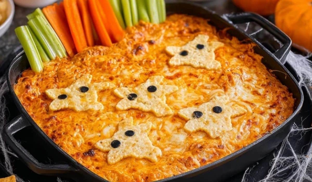 Halloween Buffalo Chicken Dip with spooky Halloween twist