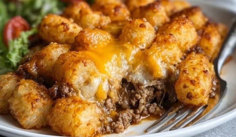 Tater Tot Casserole with Ground Beef fresh from oven