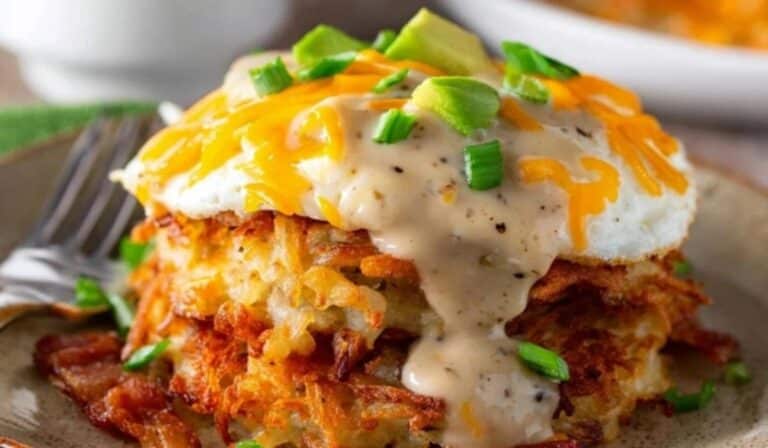 Hash Brown Breakfast Stacks with crispy hash browns and eggs