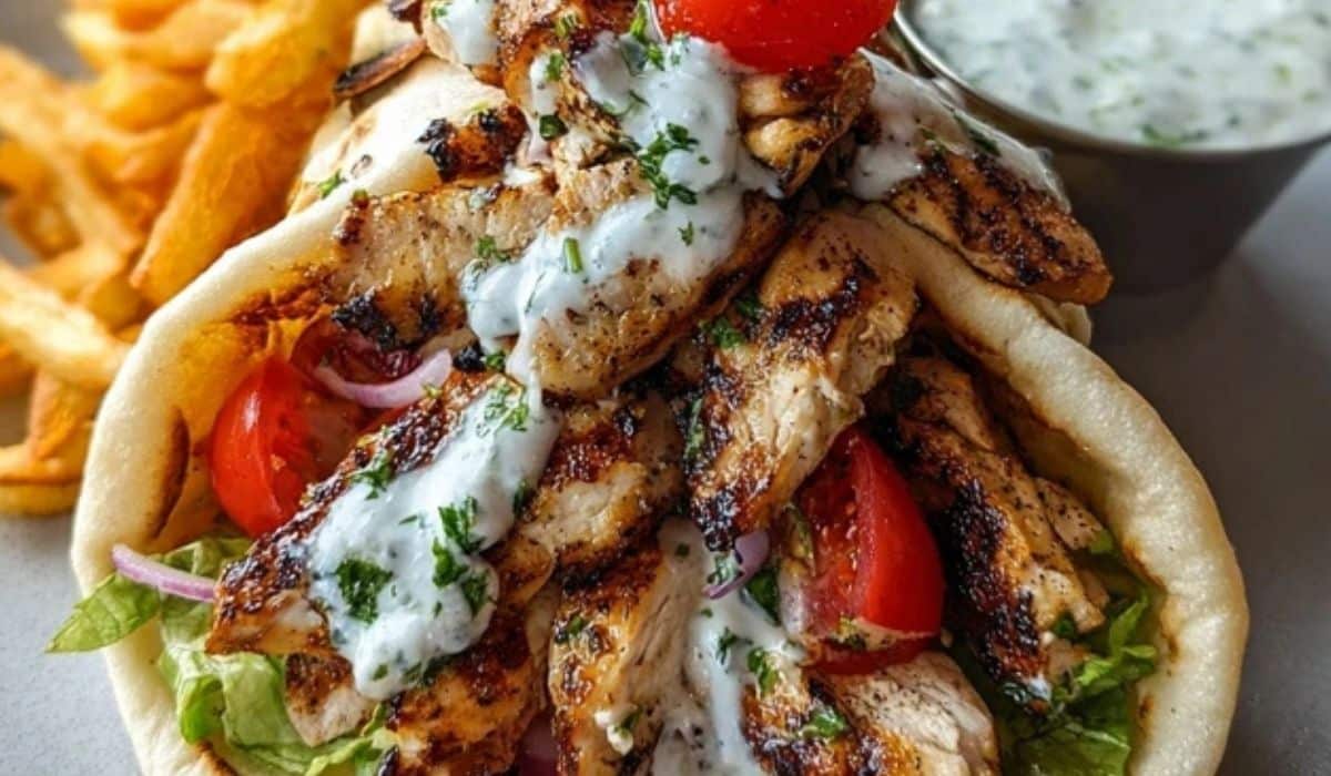 Greek Chicken Gyros on rustic table