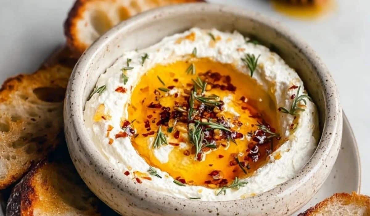 Spicy Ricotta Dip with Hot Honey in serving bowl