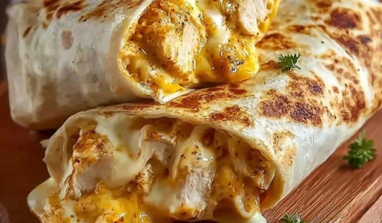 Cheesy Chicken Wrap with golden tortilla and melted cheese