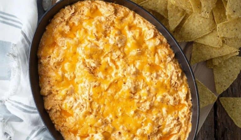Buffalo Chicken Dip in cast iron skillet