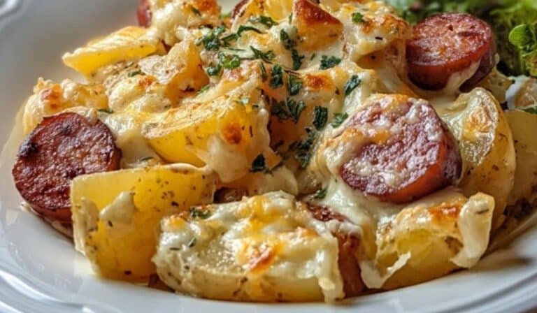 Cheesy Ranch Potatoes and Smoked Sausage baked casserole
