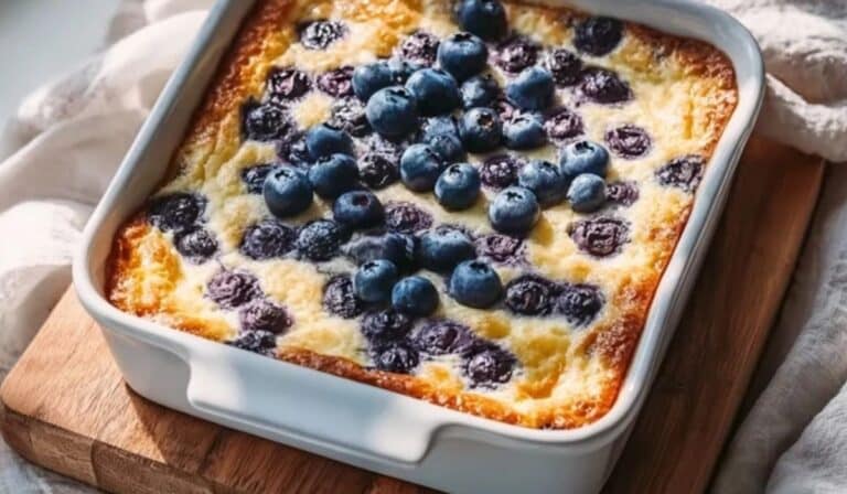 Blueberry Cottage Cheese Breakfast Bake fresh out of oven