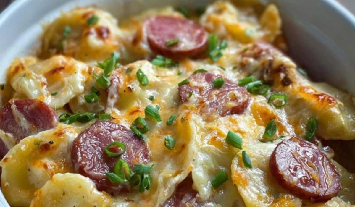 Crockpot Pierogi Casserole with Kielbasa in crockpot