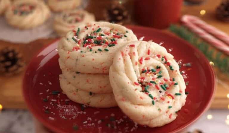 Crumble Christmas Sugar Cookies with pink almond frosting and holiday sprinkles