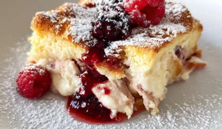 Monte Cristo Breakfast Casserole baked golden brown