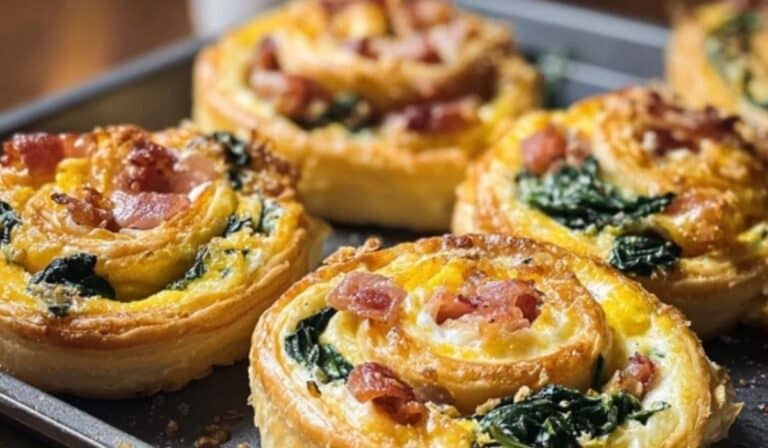 Baked Bacon, Egg, and Cheese Pinwheels with Spinach on rustic breakfast table