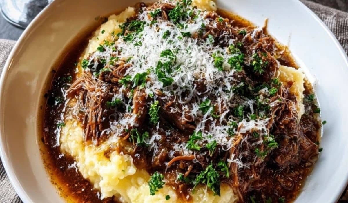 Short Rib Ragu with Parmesan Mashed Potatoes plated beautifully