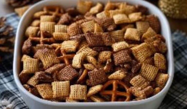 Simple Homemade Chex Mix Classic in rustic kitchen bowl