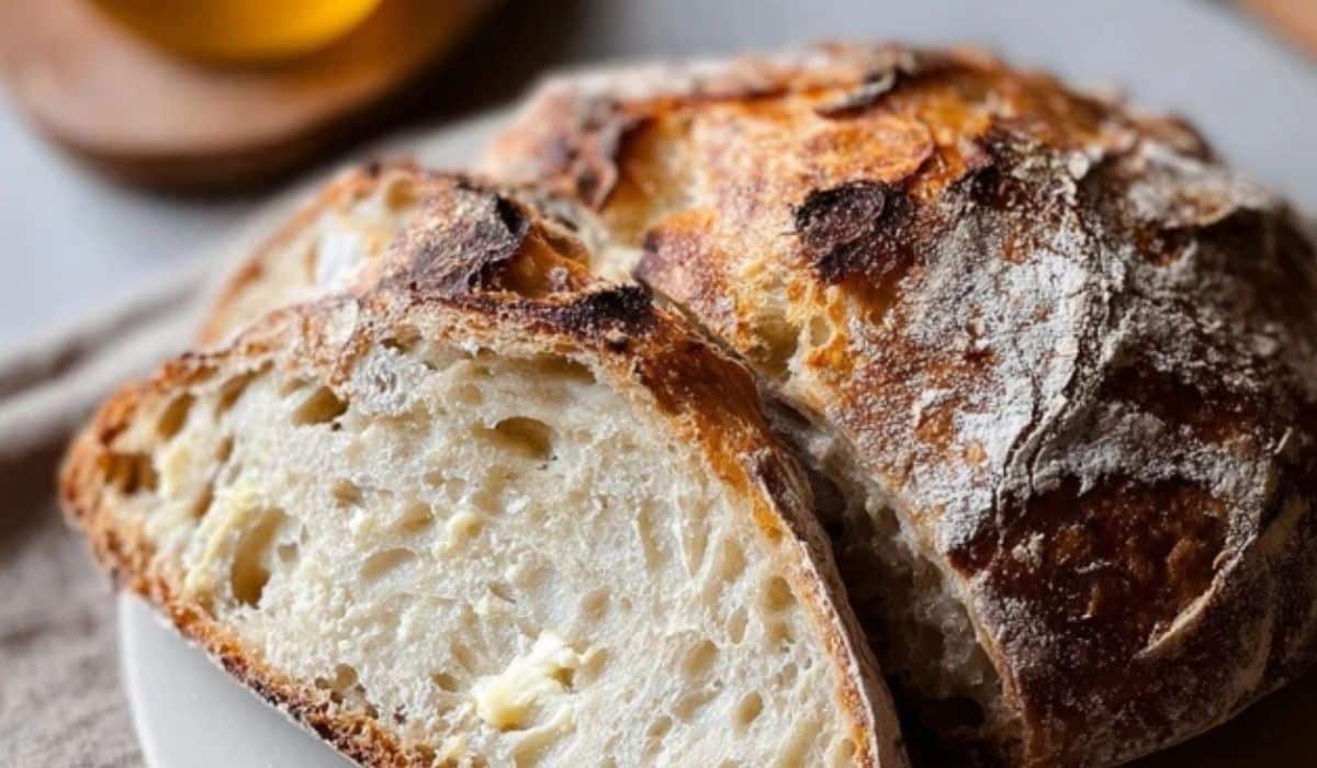 No-Knead Artisan Bread loaf fresh from oven