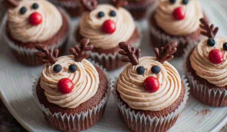Easy Reindeer Cupcakes displayed on a Christmas table with twinkling lights