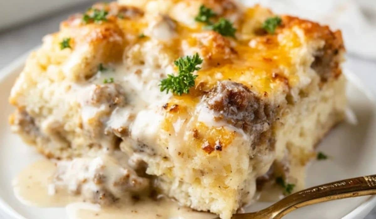 Biscuits and Gravy Breakfast Casserole baked with sausage gravy and golden biscuits