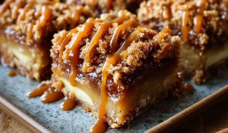 Salted Caramel Apple Crumble Bars Fall Treat on rustic table