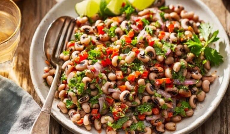 Black Eyed Pea Salad served in a rustic wooden bowl