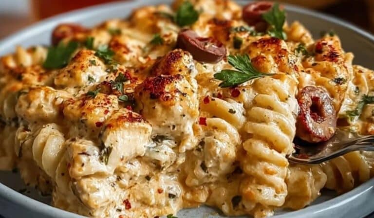 Cajun Cream Cheese Chicken Pasta Bake fresh from oven