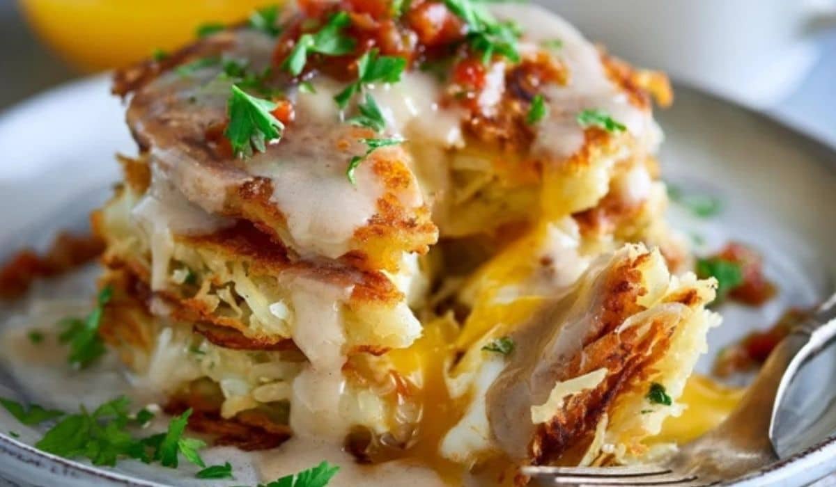 Hash Browns Breakfast Stacks on rustic table
