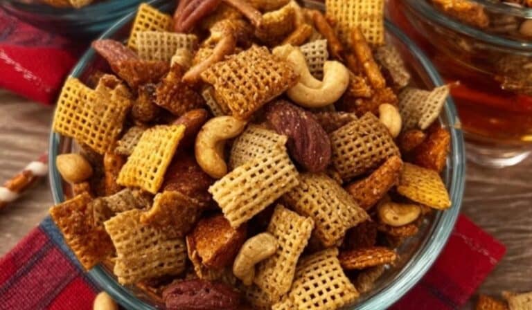 The Original Chex Mix Recipe in rustic wooden bowl