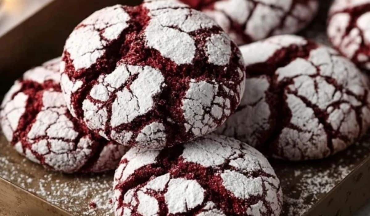 Fudgy red velvet crinkle cookies for festive celebrations on tray