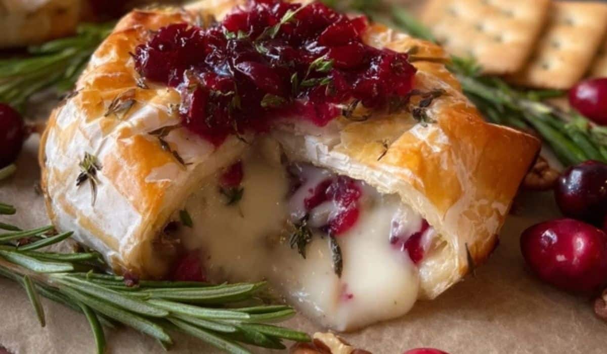Brie Cheese and Cranberry baked appetizer on rustic board