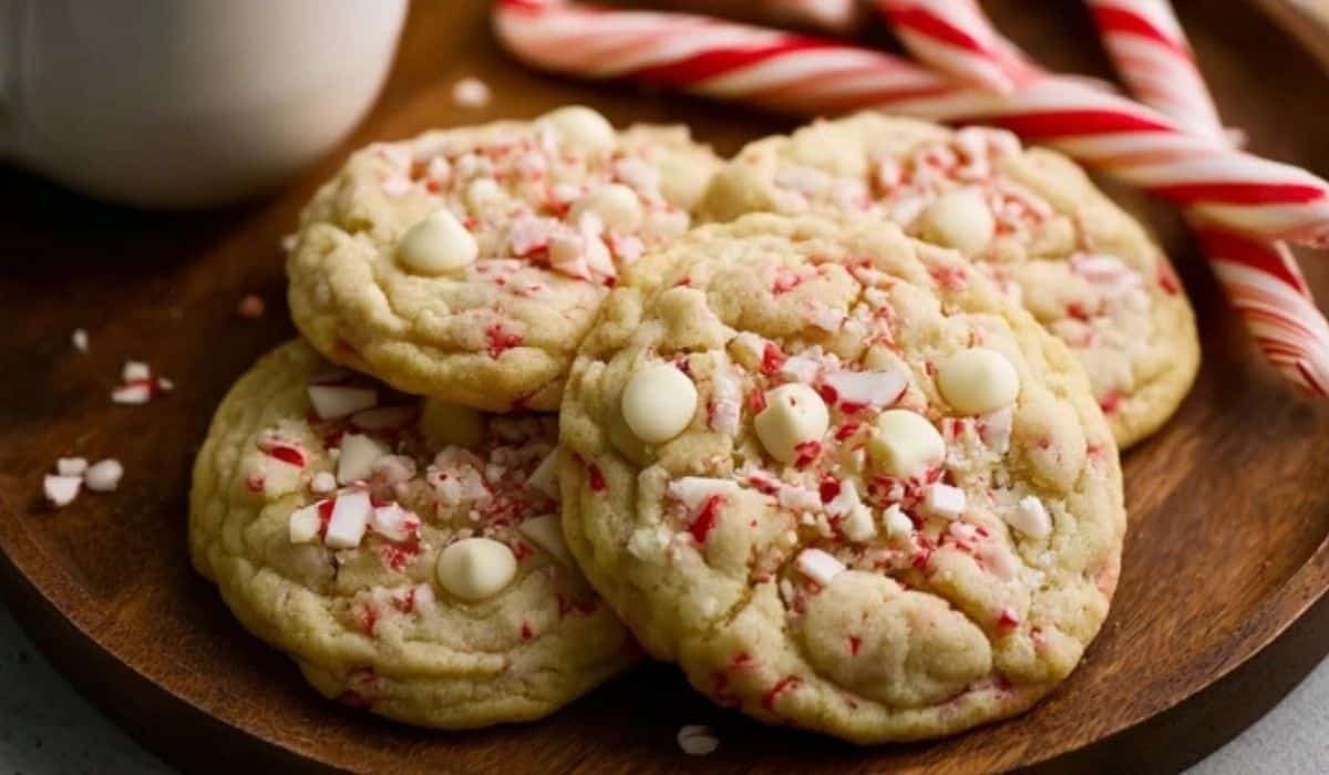 White Chocolate Peppermint Cookies on holiday tray with cocoa