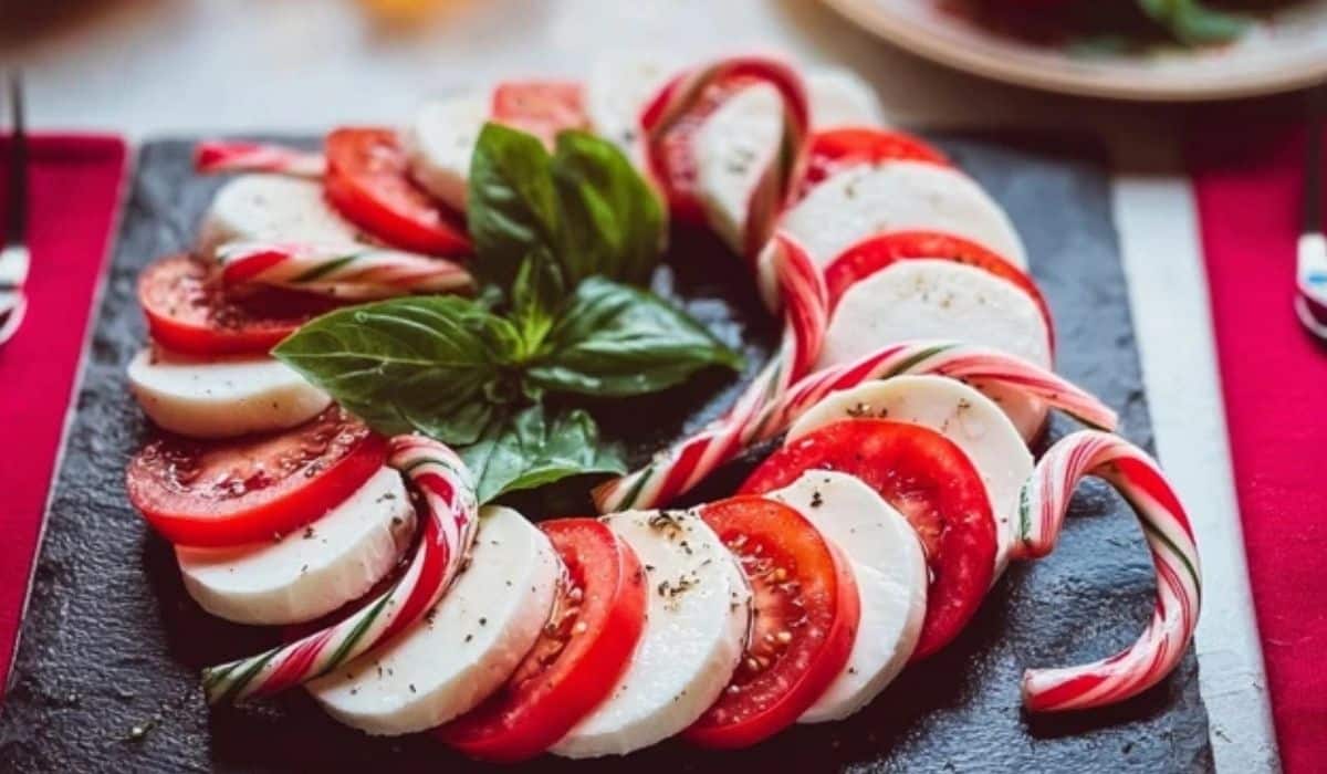 Candy Cane Caprese appetizer on white platter