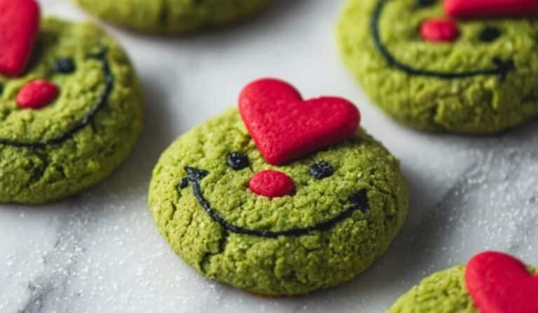 Grinch Cookies on marble counter with red hearts