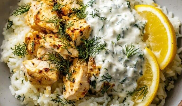 Dump-and-Bake Chicken Tzatziki Rice baked casserole