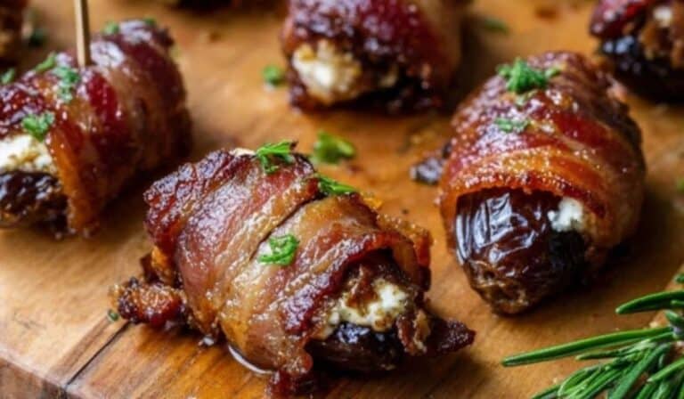 Bacon Wrapped Dates with Goat Cheese on rustic platter