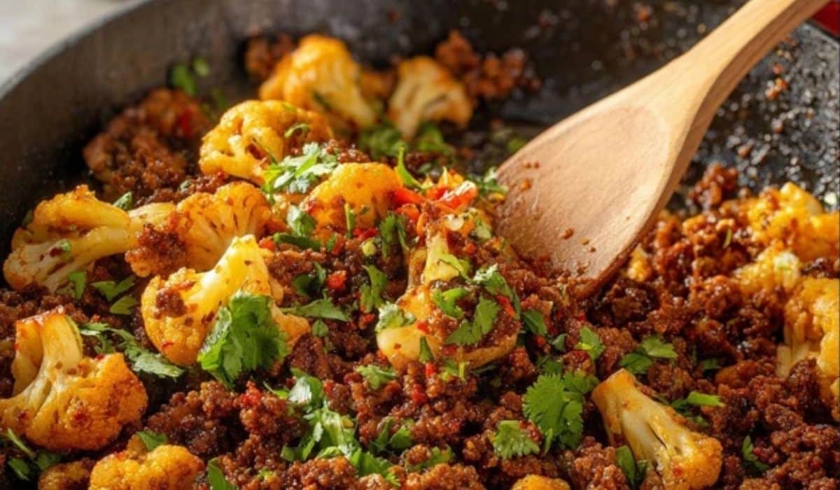 Crispy Chili Ground Beef and Cauliflower Skillet served in pan