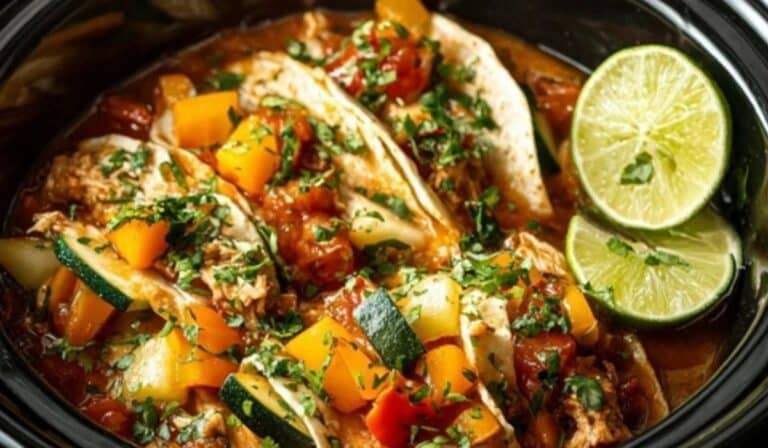 Crockpot Chicken Tacos served with tortillas, lime, and salsa