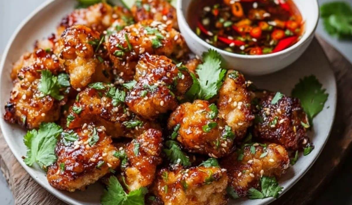 Thai Chicken Bites Recipe served with chili dip and lime