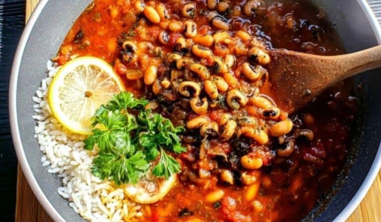 Loubiya (Egyptian Black Eyed Pea Stew) simmering in a traditional Egyptian kitchen