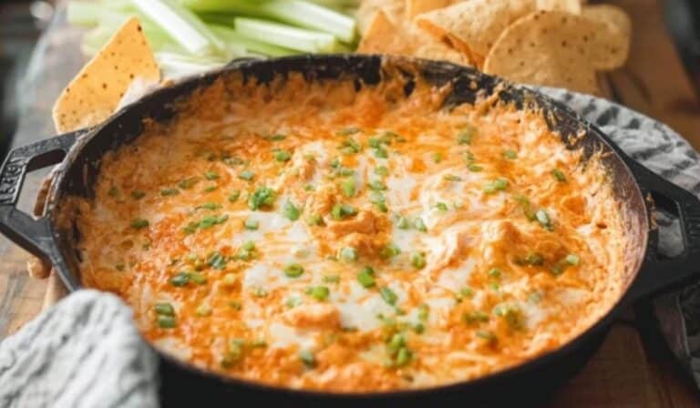 Cottage Cheese Buffalo Chicken Dip in skillet