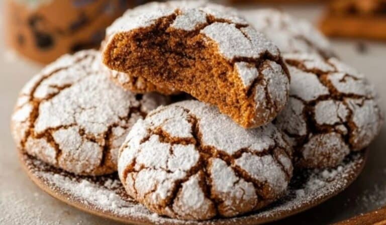 Gingerbread Crinkle Cookies on rustic plate with powdered sugar