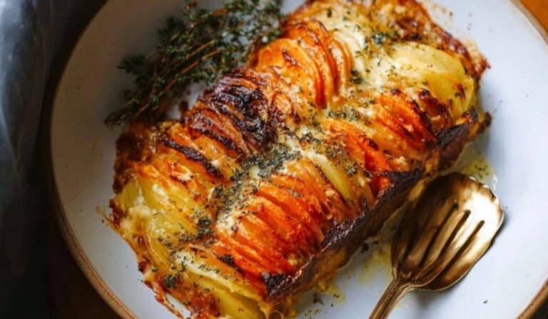 Cheesy Root Vegetable Gratin fresh from the oven