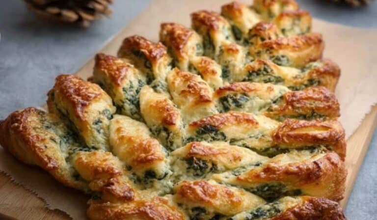 Christmas Tree Spinach Dip Breadsticks on festive holiday table