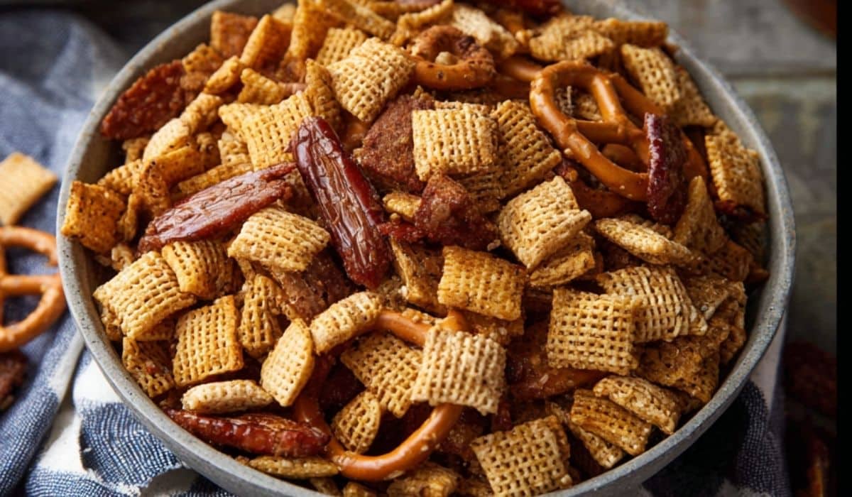 Bold and Buttery Homemade Chex Mix in a rustic kitchen bowl