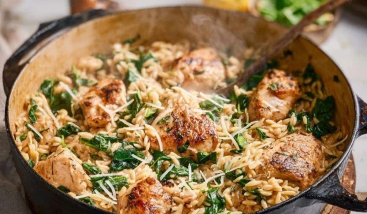 One Pot Chicken Orzo served in rustic bowl