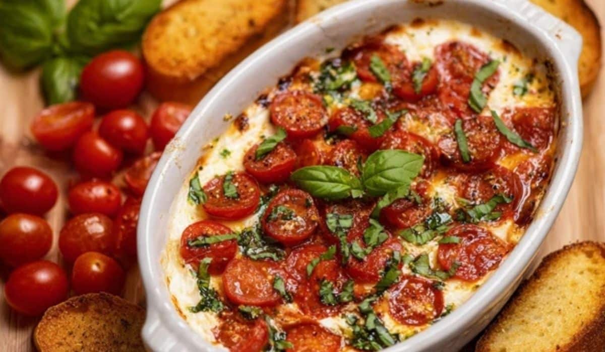 Caprese Dip baked in skillet with basil and tomatoes