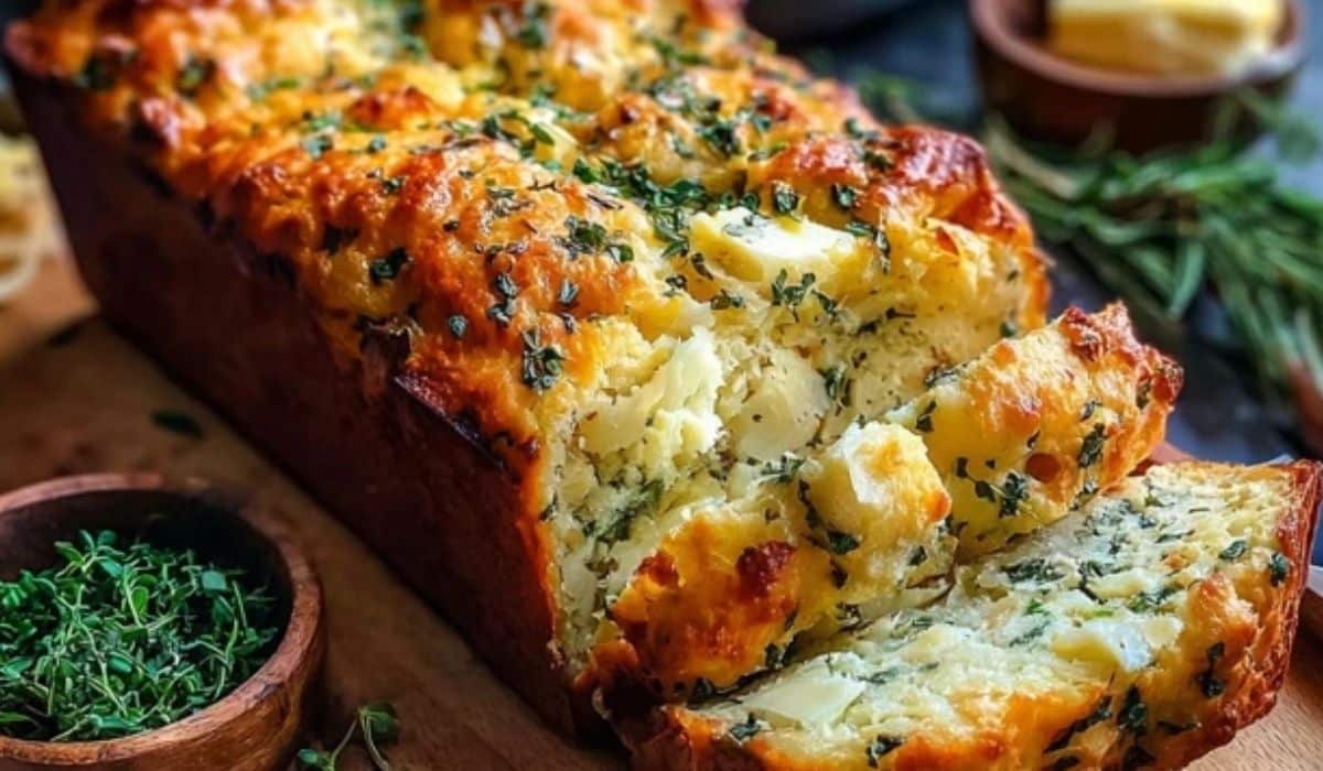 Herb & Cheese Quick Bread loaf on wooden board