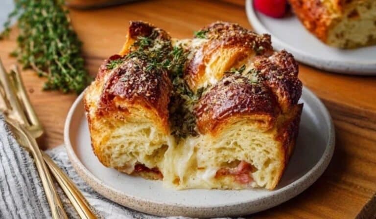 Buttery Croissant Strata freshly baked on a rustic breakfast table