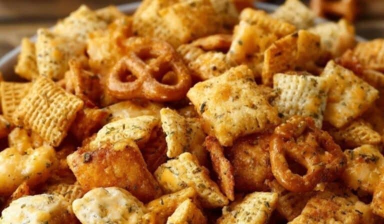 Cheesy Ranch Chex Mix in a rustic serving bowl