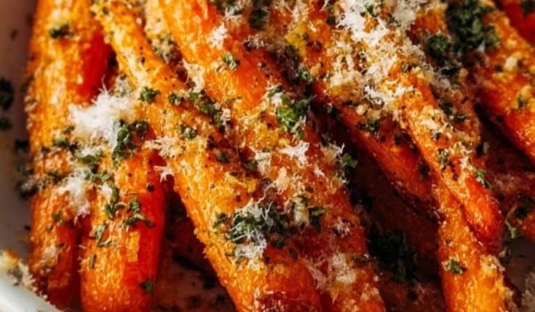 Roasted Garlic and Parmesan Carrots on rustic tray