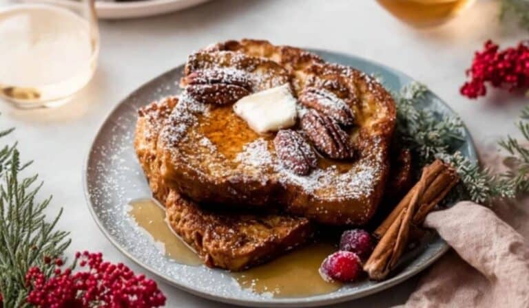 Easiest Gingerbread French Toast served with maple syrup and whipped cream