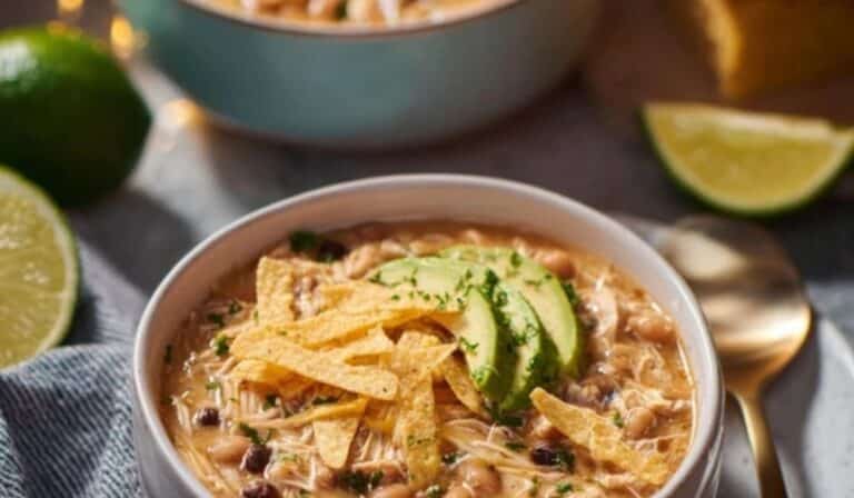 White Chicken Chili creamy bowl with toppings