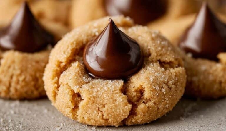 Classic Peanut Butter Blossoms cookies stacked on a rustic plate with chocolate centers