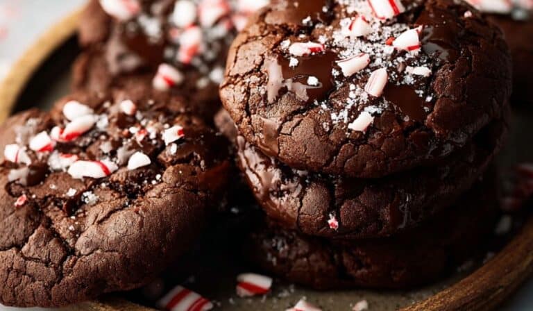 Peppermint brownie cookies stacked on plate